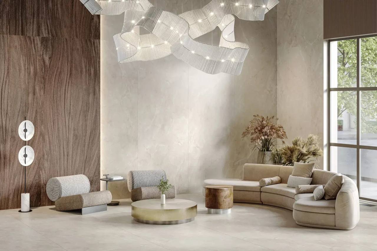 Керамогранит с деликатной графикой для многослойных интерьеров