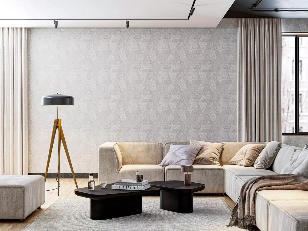 Серые обои с геометрией для разных помещений
